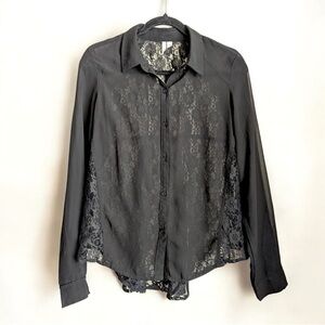 Frenchi Black Sheer Lace Button Up Blouse